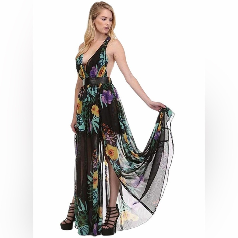 TOV Los Angeles Floral Maxi Dress with Faux Leather Detail - Size 44 - Picture 8 of 11